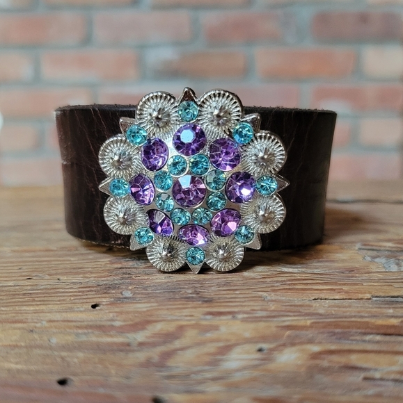 Hand Crafted Jewelry - PURPLE Crystal Concho Leather Cuff